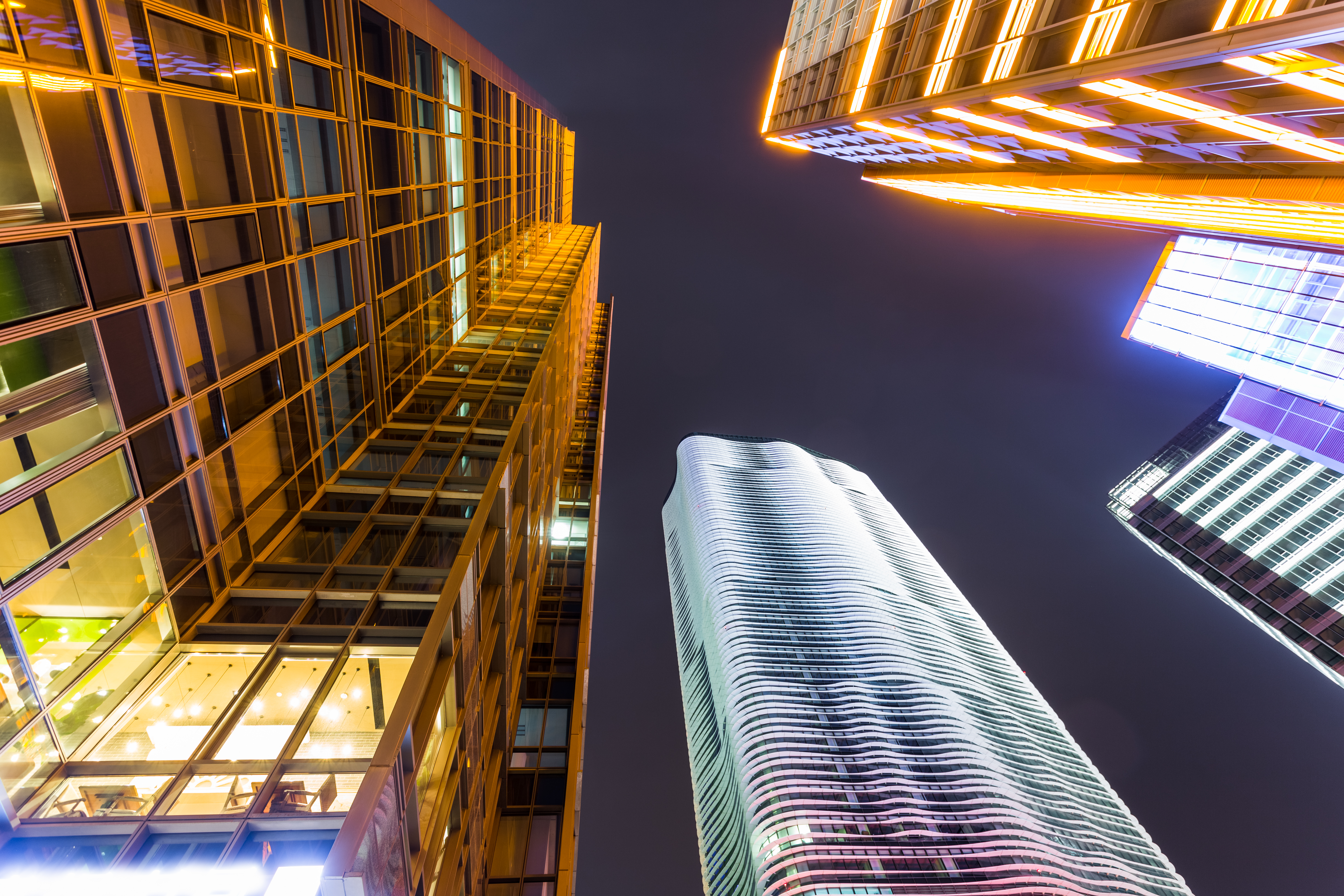 Skyscrapers from a low angle view at night